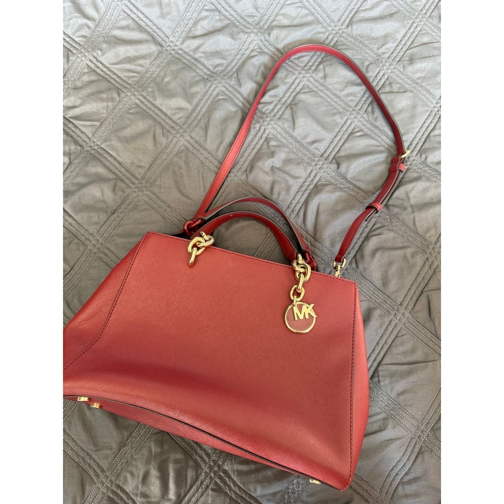Michael Kors Red Saffiano Leather Satchel Crossbody Bag Gold Hardware